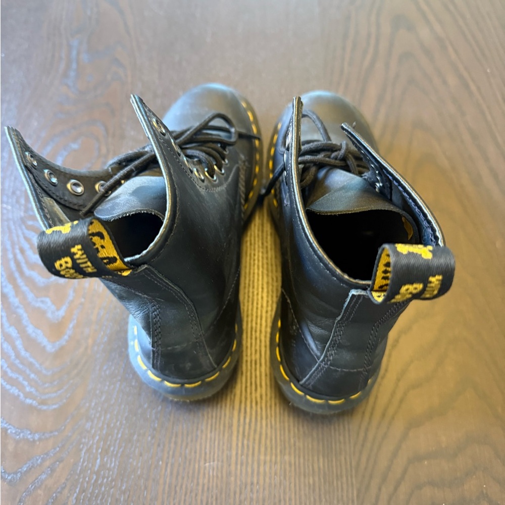 Dr. Martens Black Leather Lace-Up Boots with Yellow Stitching - Picture 3 of 4
